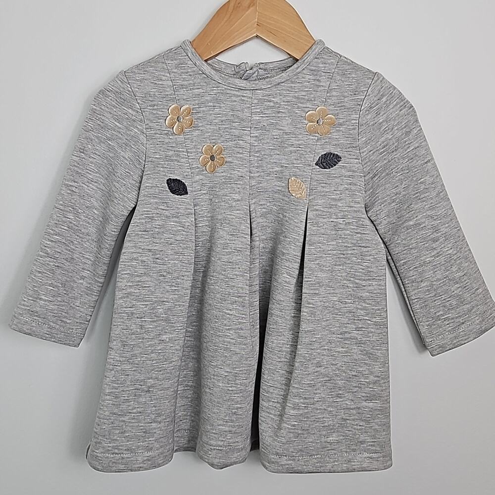 Mayoral Floral Applique Pleated Dress in Space-dyed Gray | Infant 12 Months FLAW